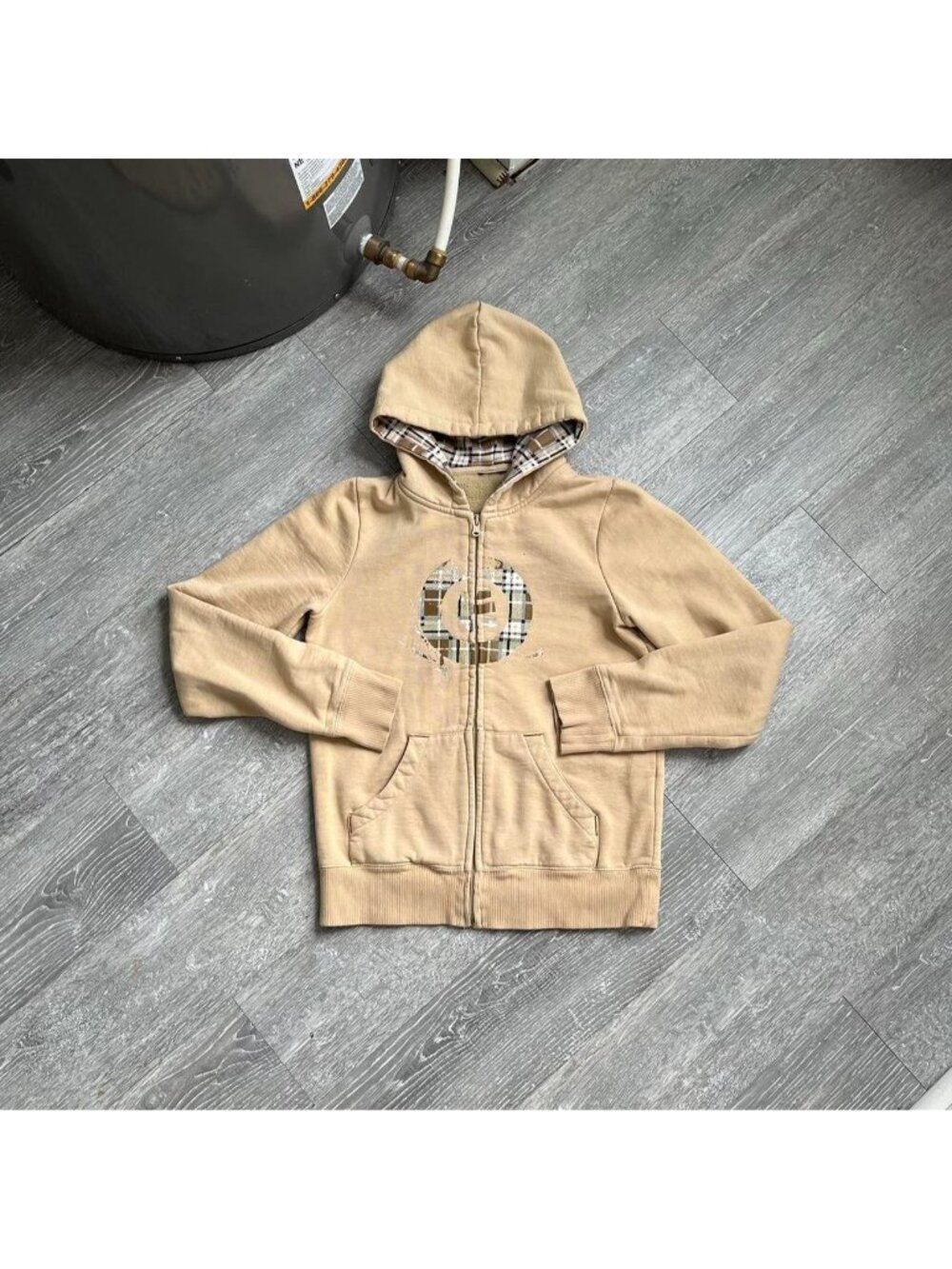 Beige / White / Brown Vintage Etnies Skater Full Zip-Up Hoodie W/ Plaid Details